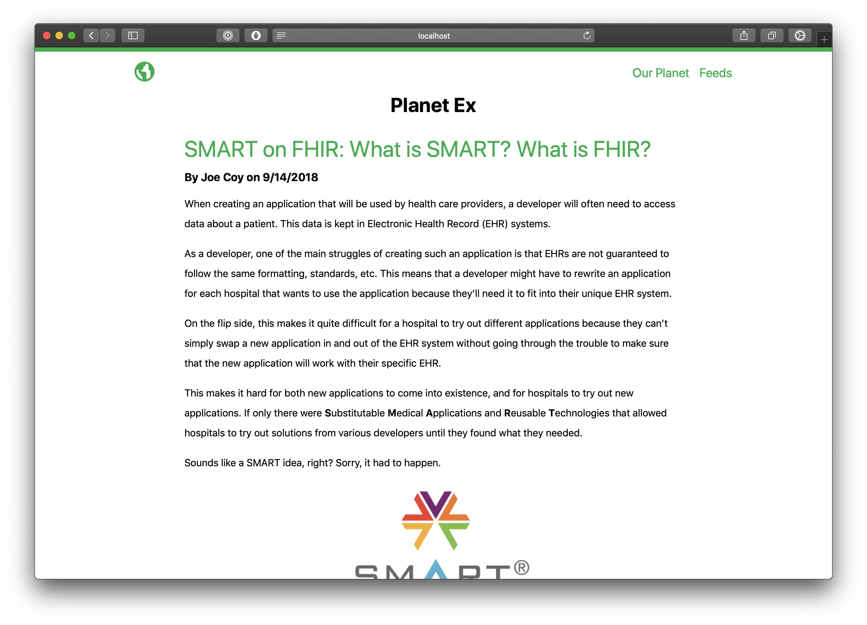 Screenshot of the PlanetEx application presented in the Safari web browser