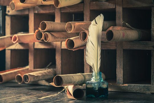 scrolls on a shelf