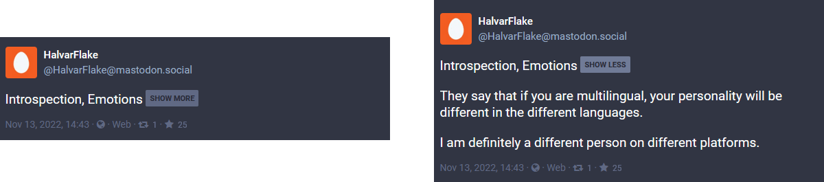 Two screenshots of mastodon.social - one with "Introspection, Emotions" next to a "Show More" button, the other with "Introspection, Emotions" next to a "Show Less" button and more text underneath