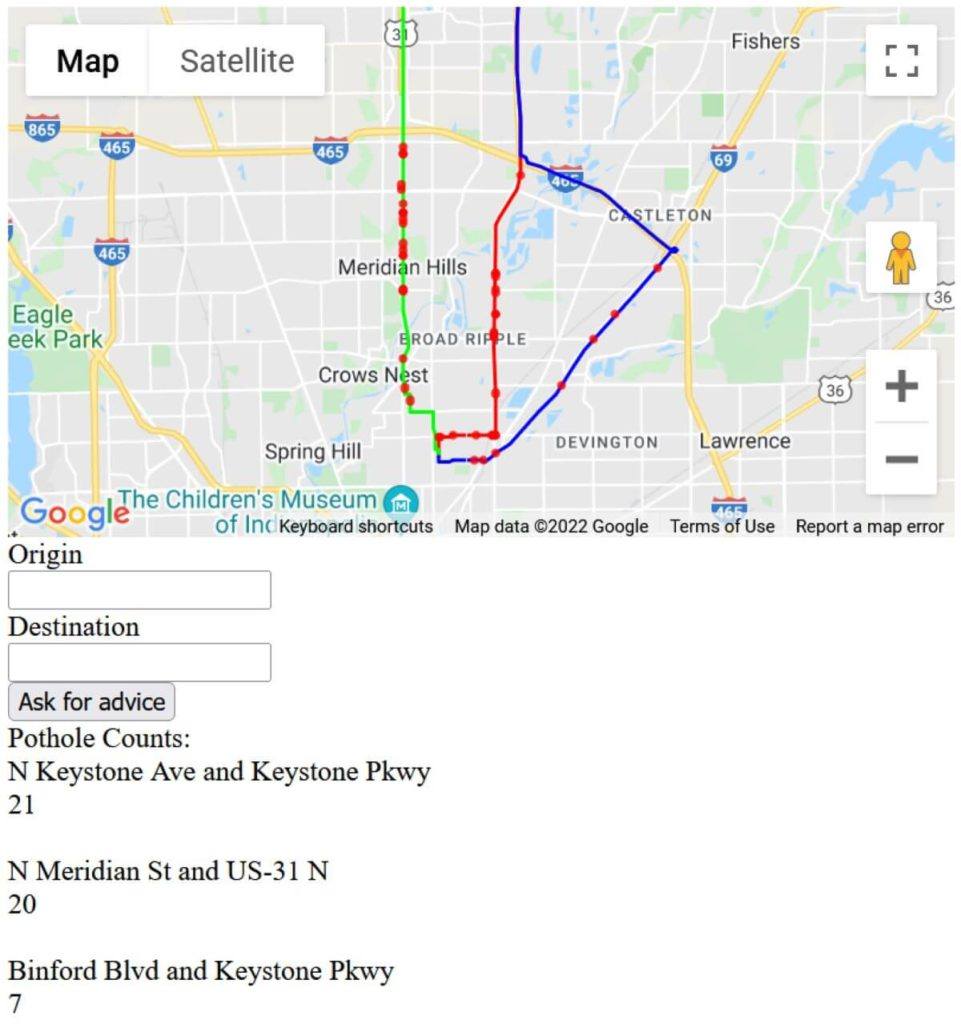 The featured project, containing a map showing routes to SEP from Broadripple. Potholes along the route are drawn on the map. The total number of potholes for each route are indicated lower in the page.