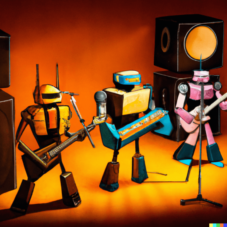 DALL-E 2 generated image: Transformer robots playing guitar and drums in a rock band onstage, band poster