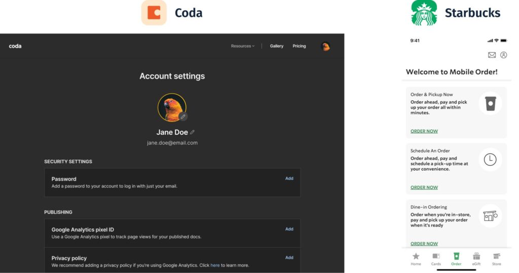 Website screenshot of Coda's setting page and a mobile screenshot of Starbuck's mobile order screen