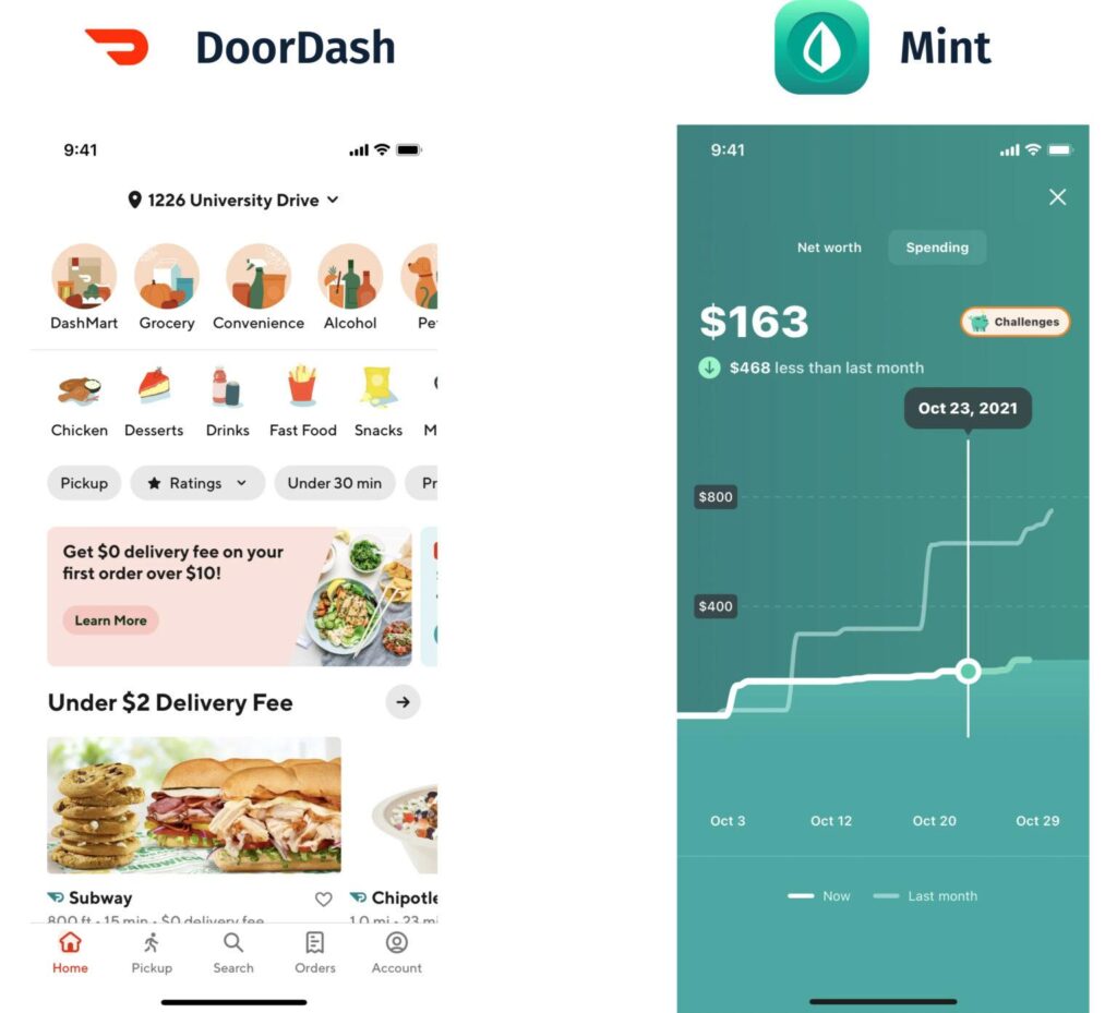 Mobile screenshots of DoorDash food delivery and Mint Mobile banking