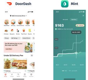 Mobile screenshots of DoorDash food delivery and Mint Mobile banking