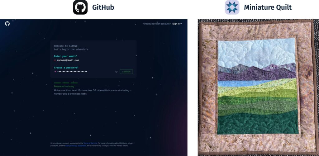 Desktop screenshot of Github's create an account page. On the right a miniature quilt that forms a landscape