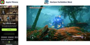 Mobile screenshot of Apple Fitness+ and a screen capture of Horizon Forbidden West gameplay
