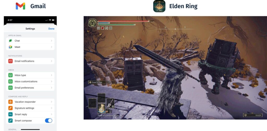 Mobile screenshot of Gmail's settings page and a screen capture of game play