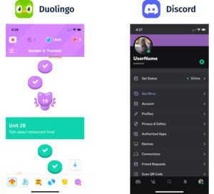 Screenshot of DuoLingo's lesson track and Discord's settings page