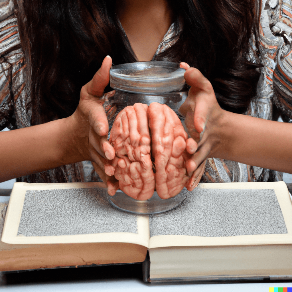 A DALL·E 2-generated image that used the following prompt: An open text-book that has human hands that are holding a brain in a jar