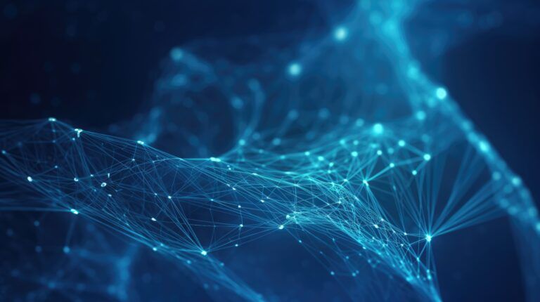 Blue abstract background with a network grid and particles connected representing AI