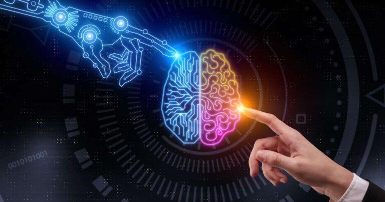 Illustration of computerized hand touching half of a human brain and a human hand touching the other