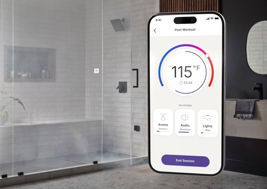 Bathroom with shower in the background. Phone in foreground featuring shower control displays on the phone.