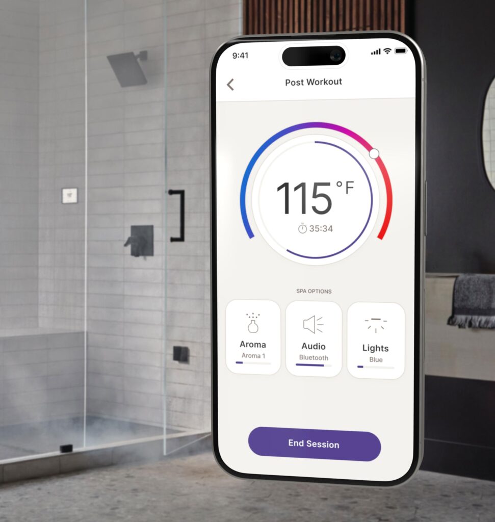 Bathroom with shower in the background. Phone in foreground featuring shower control displays on the phone.