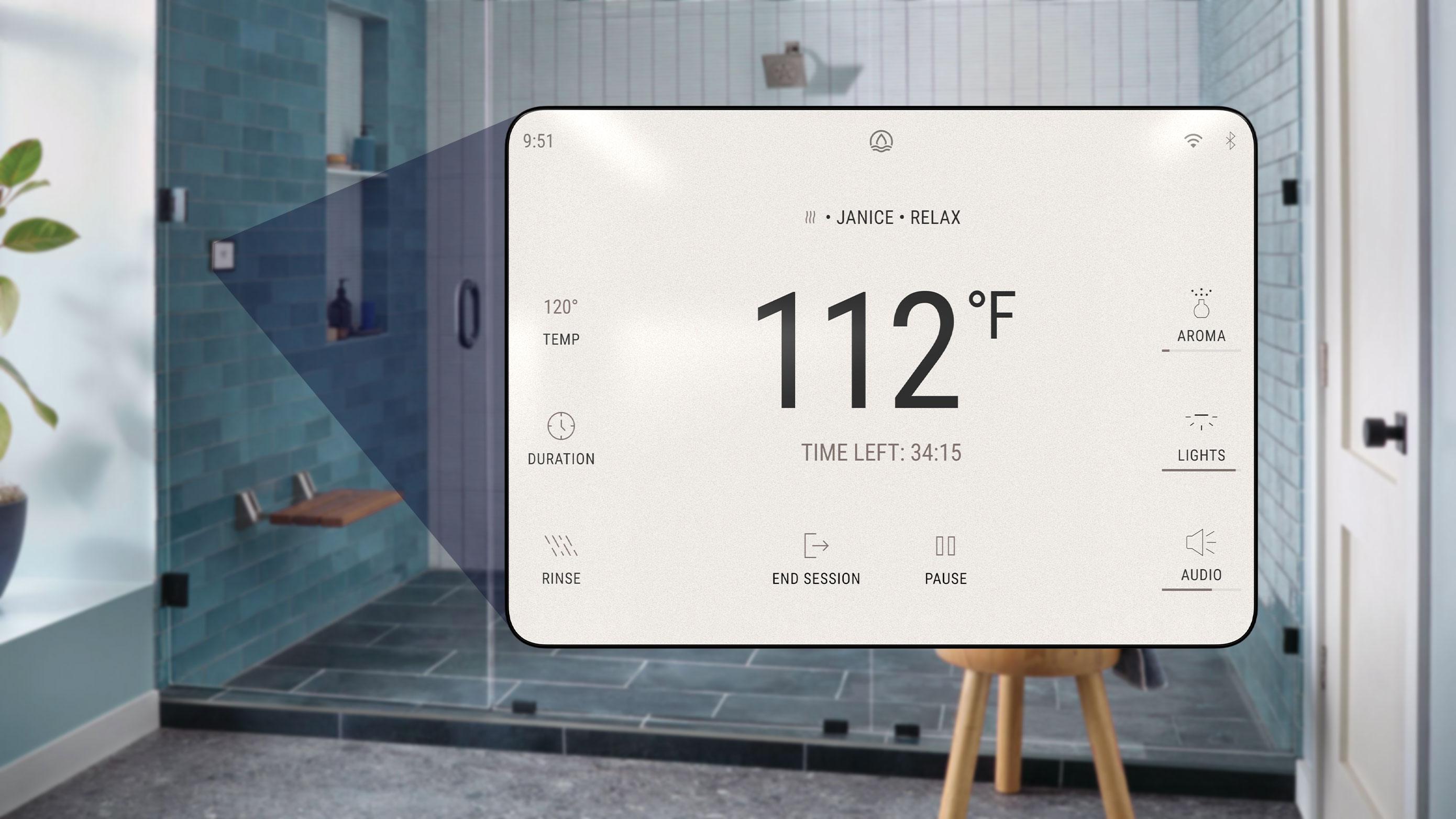 Zoomed in display of a shower control panel within a smart shower.