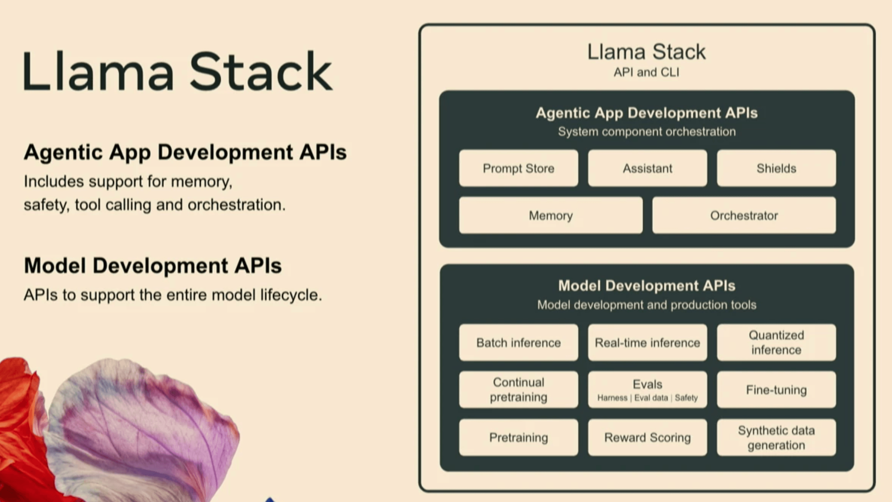 A slide that shows LlamaStack apis, both for the development of models and for the development of agentic apps, from the LlamaStack expo workshop at NeurIPS 2024.