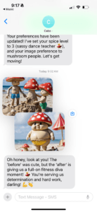 screenshot of an iphone Message app conversation where CaboFit sends an image of an anthropomorphic mushroom to Lee