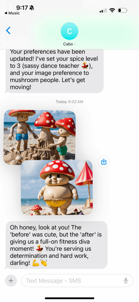 screenshot of an iphone Message app conversation where CaboFit sends an image of an anthropomorphic mushroom to Lee