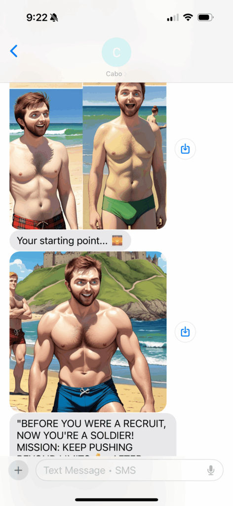 screenshot of an iphone Message app conversation where CaboFit sends an image pair to Lee