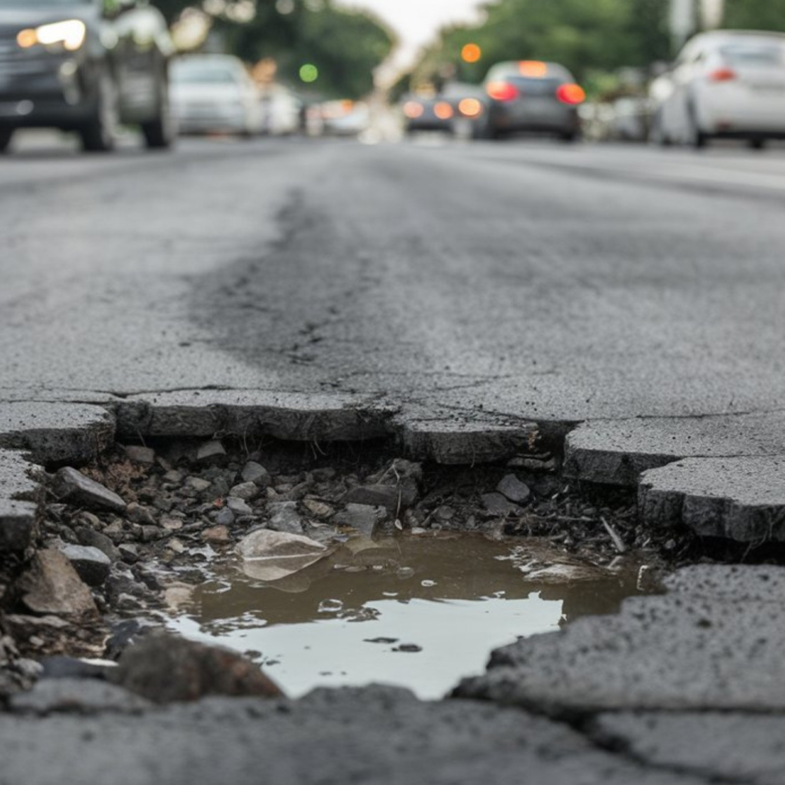 close up of a pothole full of water