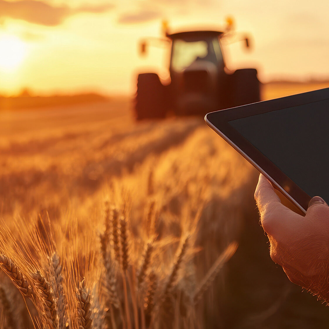 close up of farmer's hands holding a tablet in a field of wheat
