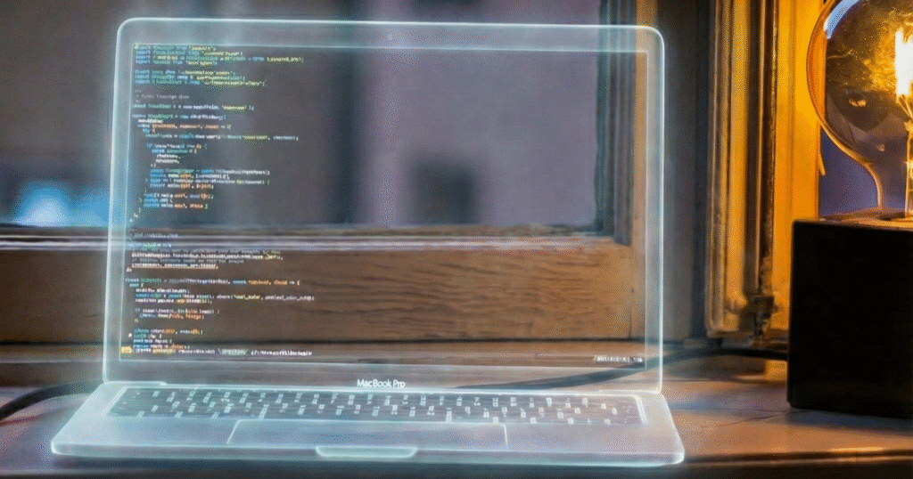 Ghostly laptop with code editor open