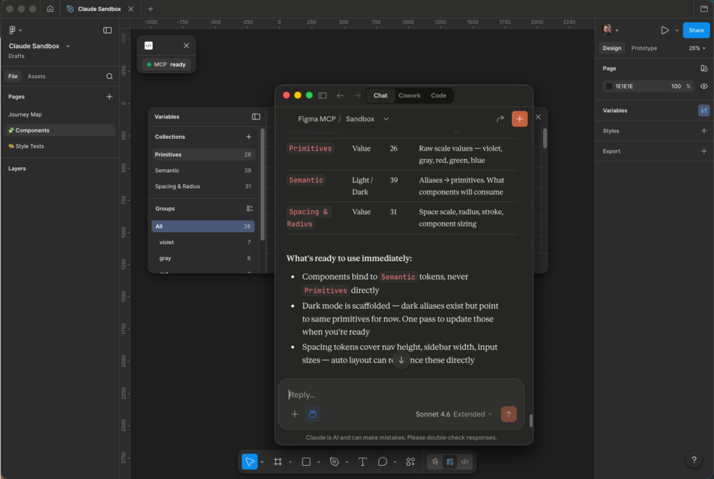 Claude reasoning and recommendations during Figma design system build using Figma Console MCP