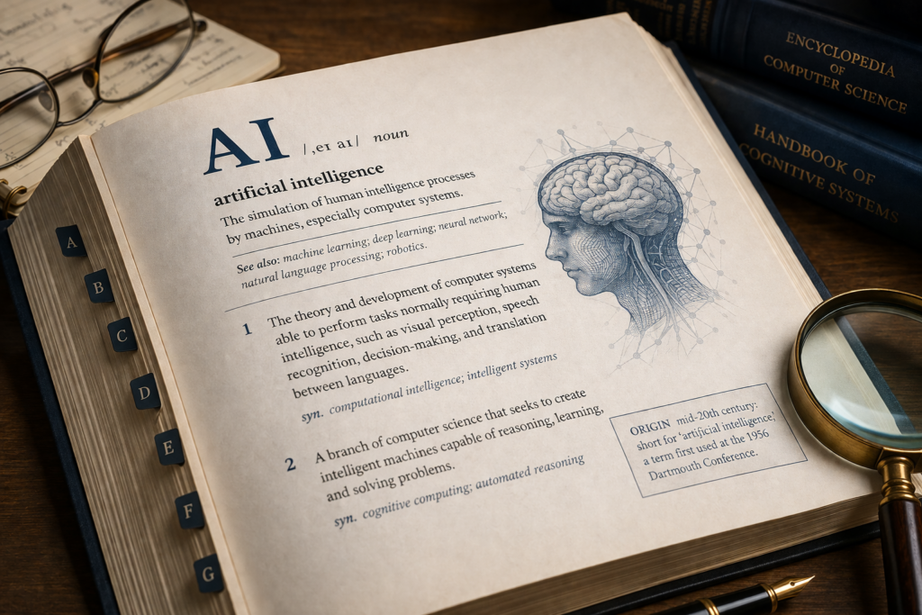 dictionary page open to a definition of AI