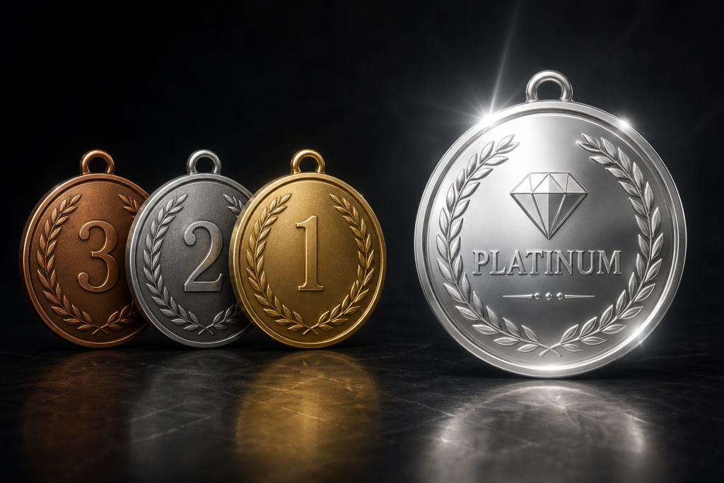 bronze, silver, gold, and platinum medals