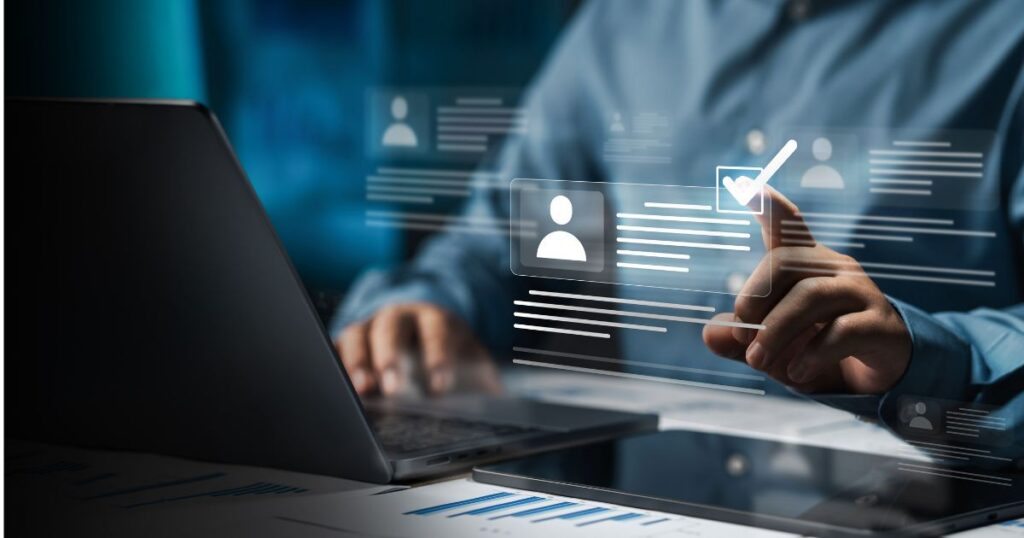 close up of a professional selecting from a screen of options to hire someone