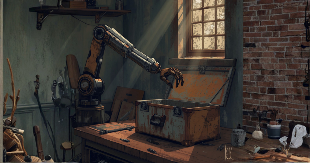 robot arm reaching into traditional toolbox