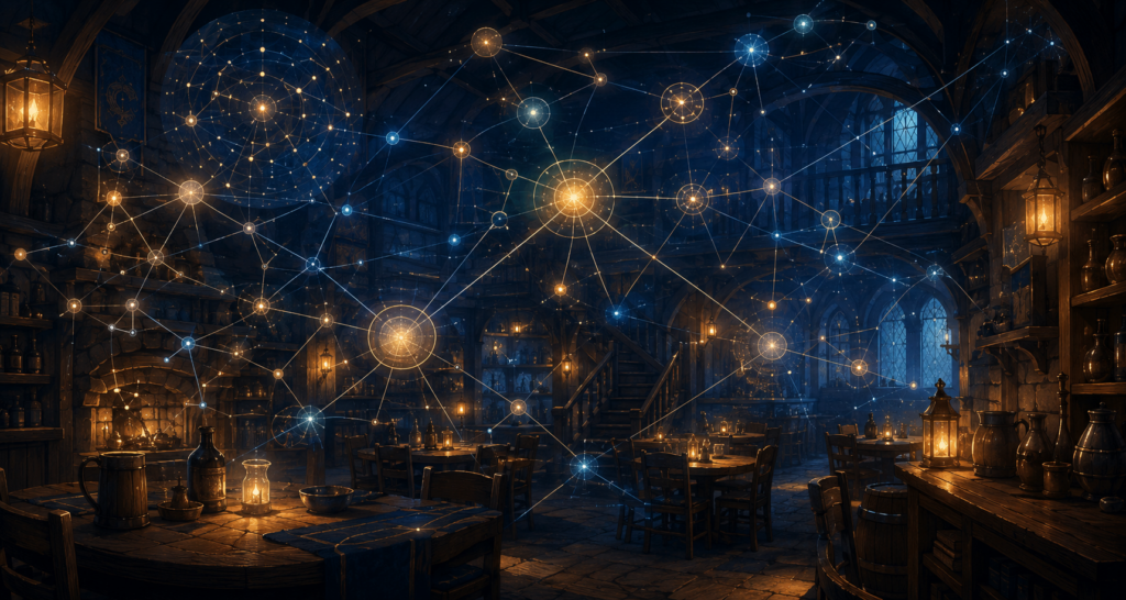 fantasy tavern and glowing knowledge-graph illustration