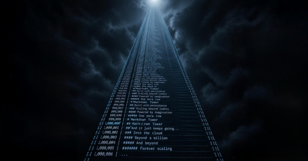 millions of lines of markdown forming a never ending tower that disappears into the sky