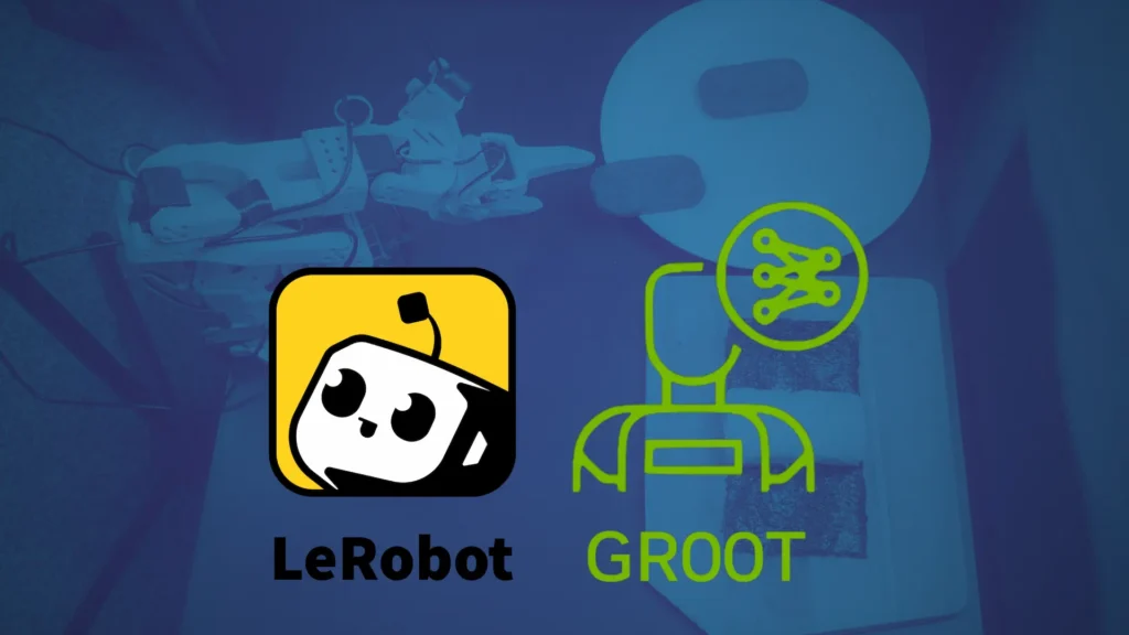 Duotone styled image of SO-101 reaching to make Spam musubi with LeRobot and GR00T logos